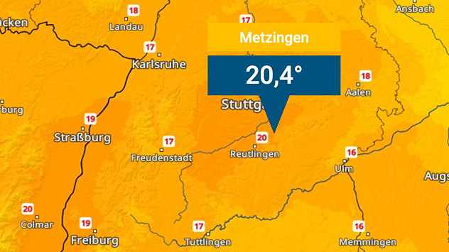 Wetterkarte von Baden-Württemberg mit Temperaturanzeige von 20,4 Grad in Metzingen bei Stuttgart. Umliegende Städte sind mit weiteren Temperaturwerten gekennzeichnet.