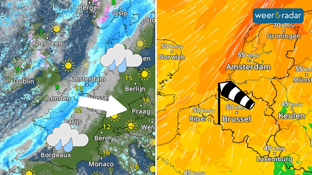 Links de WeerRadar met een zone met regen van Spanje tot in het zuiden van Scandinavië. Regenwolken en een pijl met de trekrichting (west-oost) staan ingetekend. Rechts de WindRadar die oranje kleurt. Een windvaan is ingetekend boven de Benelux.