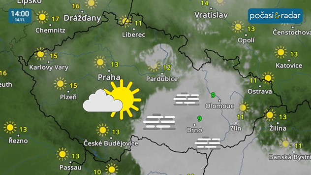 Meteoradar, screenshot, 14. 11. 14:00: Mlhy a nízká inverzní oblačnost přetrvají v pátek po většinu dne zejména místy na Moravě.