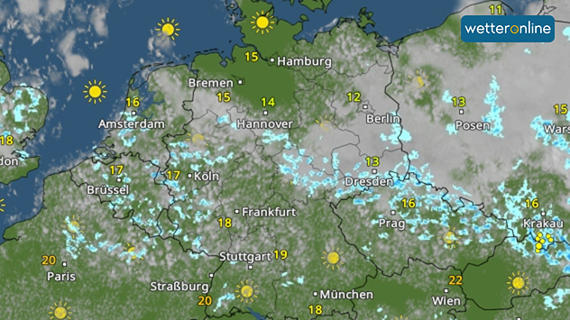 WetterRadar über Deutschland mit Sonnensymbolen, Wolkenfeldern und vereinzelten Schauern.