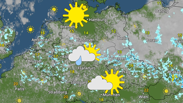 Deutschlandkarte mit WetterRadar sowie Symbolen für Sonne, Wolken und einzelne Regenschauer.