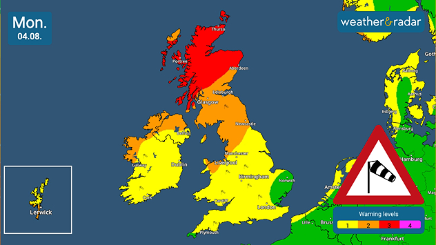 Warning map for strong winds during Storm Floris. Red, level three, warnings across northern Scotland, orange, level two, warnings elsewhere in Scotland and north-west Ireland. Yellow, level one, across Ireland and much of England. Only East Anglia with no warnings.