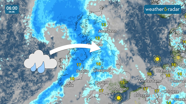 Weather map showing heavy rain across Ireland and western Scotland. Lighter across Wales and northern England on Monday morning.