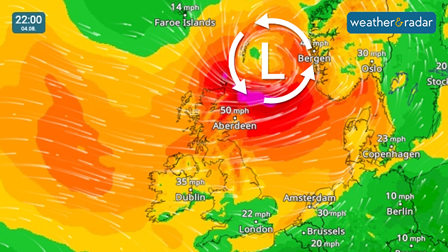 Wind map of the UK and Ireland with a pressure icon showing Storm Floris north-east of Scotland moving away on Monday evening. Gusts still at 50 mph in Aberdeen visible, 35 mph in Dublin, 22 mph in London.