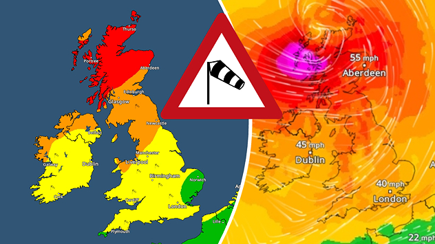 Warning map for strong winds during Storm Floris. Red, level three, warnings across northern Scotland, orange, level two, warnings elsewhere in Scotland and north-west Ireland. Yellow, level one, across Ireland and much of England. Only East Anglia with no warnings. On the right, a wind map showing gusts of up to 55 mph.