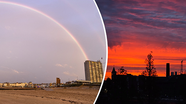 Split image showing a city beach scene with a rainbow over tall buildings on the left and a vivid red-orange sunset behind silhouetted towers on the right.