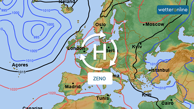 Die Karte zeigt für Donnerstag eine klassische Hochdrucklage über Mitteleuropa. Das Zentrum des Hochs „ZENO“ liegt ungefähr über Deutschland bzw. dem Alpenraum. Dadurch ergibt sich in weiten Teilen Deutschlands ruhiges und überwiegend trockenes Wetter.
