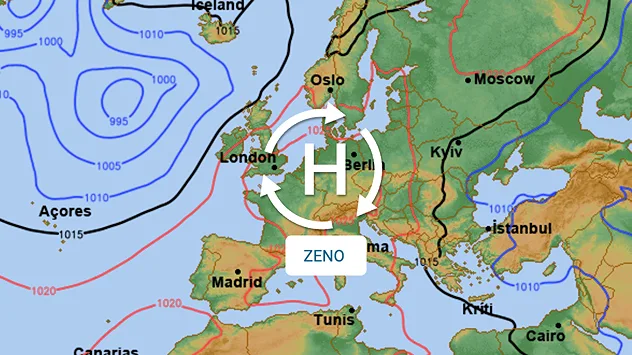 Die Karte zeigt für Donnerstag eine klassische Hochdrucklage über Mitteleuropa. Das Zentrum des Hochs ZENO liegt ungefähr über Deutschland bzw. dem Alpenraum. Dadurch ergibt sich in weiten Teilen Deutschlands ruhiges und überwiegend trockenes Wetter.