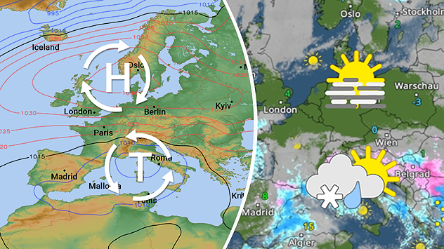 Wetterkarte von Europa mit markierten Hoch- und Tiefdruckgebieten. Isobaren zeigen die Druckverteilung, daneben eine Prognosekarte. Unterschiedliche Wetterlagen von Nord- bis Südeuropa.