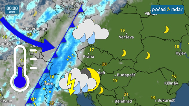 Meteoradar, screenshot, 22. 9. 0:00. Teplé a slunečné počasí ukončí studená fronta, která začne naše území od západu ovlivňovat během noci na pondělí.