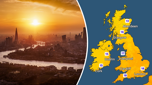 Split image showing the London skyline in hazy golden sunset light in the left and an overnight temperature map of the UK and Ireland on the right, with minimum temperatures ranging from 13°C in northeast Scotland to 18°C in southern England.