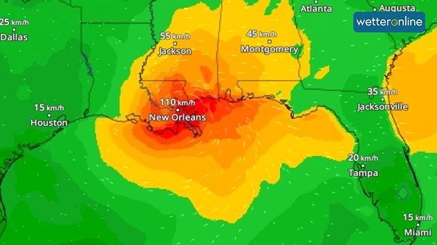 WindRadar zeigt Hurrikan Francine an der Küste Louisiana
