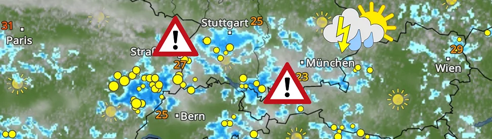 Eine Wetterkarte von Süddeutschland zeigt einige kräftige Schauer und Gewitter. Im Süden von Baden-Württemberg und Bayern sind zusätzlich Warndreiecke mit einem Ausrufezeichen eingezeichnet.