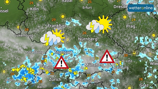 Eine Wetterkarte von Süddeutschland zeigt einige kräftige Schauer und Gewitter. Im Süden von Baden-Württemberg und Bayern sind zusätzlich Warndreiecke mit einem Ausrufezeichen eingezeichnet.