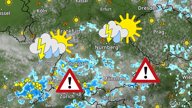 Eine Wetterkarte von Süddeutschland zeigt einige kräftige Schauer und Gewitter. Im Süden von Baden-Württemberg und Bayern sind zusätzlich Warndreiecke mit einem Ausrufezeichen eingezeichnet.