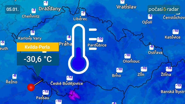 Minimální teploty v Česku v pondělí 5. ledna. Na Šumavě klesaly teploty až pod −30 °C.