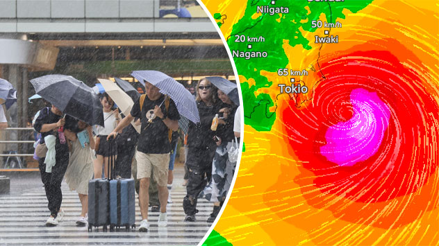 WindRadar AMPIL und Menschen mit Regenschirmen und Sturm
