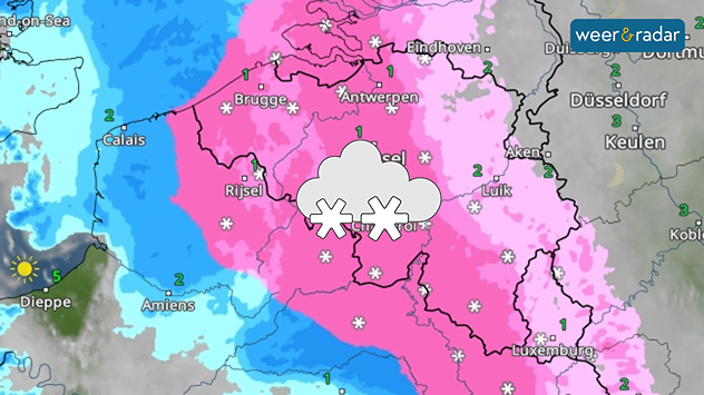 De WeerRadar toont sneeuw boven België. Sneeuwsymbool ingetekend.