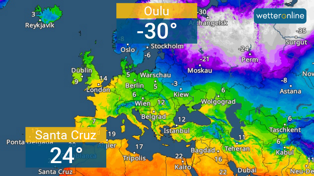 Große Kontraste: Mehr als fünfzig Grad Unterschied herrschen am Dienstagnachmittag zwischen Schweden und den kanarischen Inseln. 