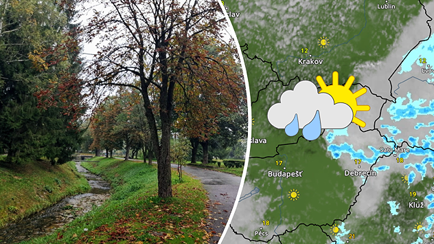 Rozdelená grafika s daždivou jesennou krajinou naľavo a satelitno-zrážkovou mapou Slovenska a okolia napravo, doplnená ikonou dažďa, oblačnosti a slnka.