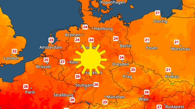 TemperaturRadar zeigt zwischen 23 und 28 Grad in Mitteleuropa. Über der Mitte Deutschlands liegt ein großes gelbes Sonnensymbol. Besonders warm ist es mit 27 Grad in Köln und 28 Grad in Paris.