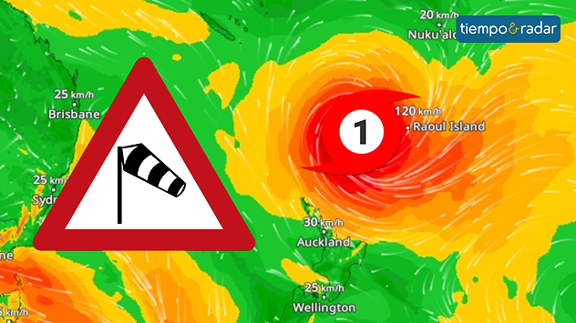 Mapa con el radar de vientos de una tormenta tropical cerca de Nueva Zelanda. Se observa claramente el centro de la tormenta, con fuertes vientos. Nueva Zelanda se encuentra al sur del sistema.
