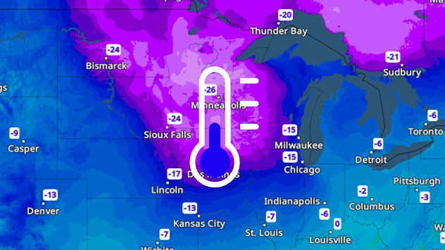 Weerkaart met strenge vortegraden in het middenwesten van de VS. De koudste zone ligt tussen Minneapolis en Bismarck.