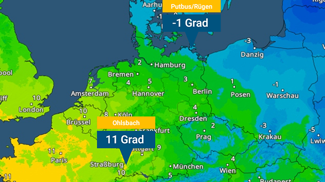 Wetterkarte mit Temperaturen in Deutschland und Umgebung. 11 Grad in Offenburg, -1 Grad auf Rügen. Deutlich kälter im Nordosten als im Südwesten.