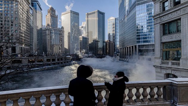 Steam rising off the Chicago River as temperatures dip below zero in Chicago.