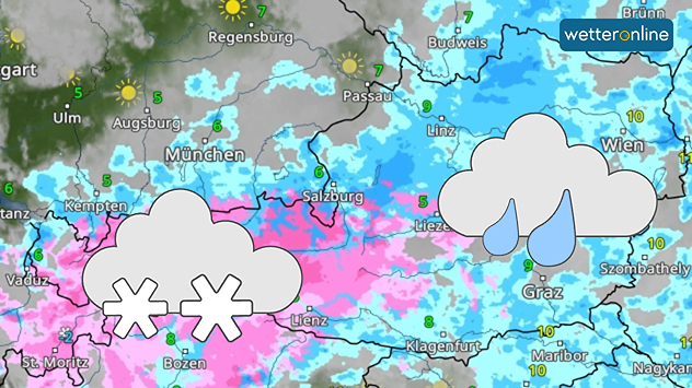Wetterkarte für Österreich mit Schnee im Alpenraum und verbreitetem Regen in vielen anderen Regionen.