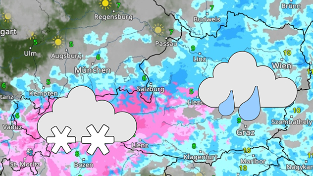 Wetterkarte für Österreich mit Schnee im Alpenraum und verbreitetem Regen in vielen anderen Regionen.