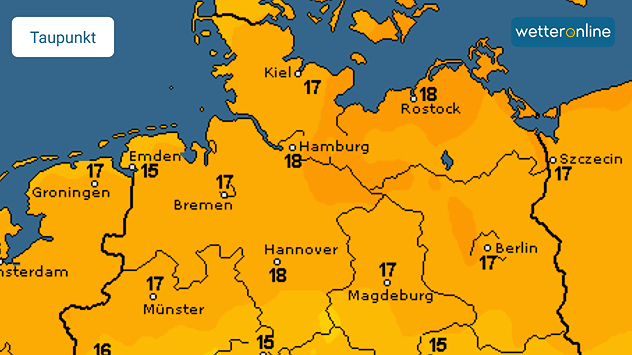 Karte zeigt hohe Taupunkte im Norden