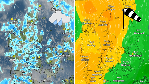 VejrRadar og VindRadar over Danmark med regnbyger og blæsende vejr i hele landet.