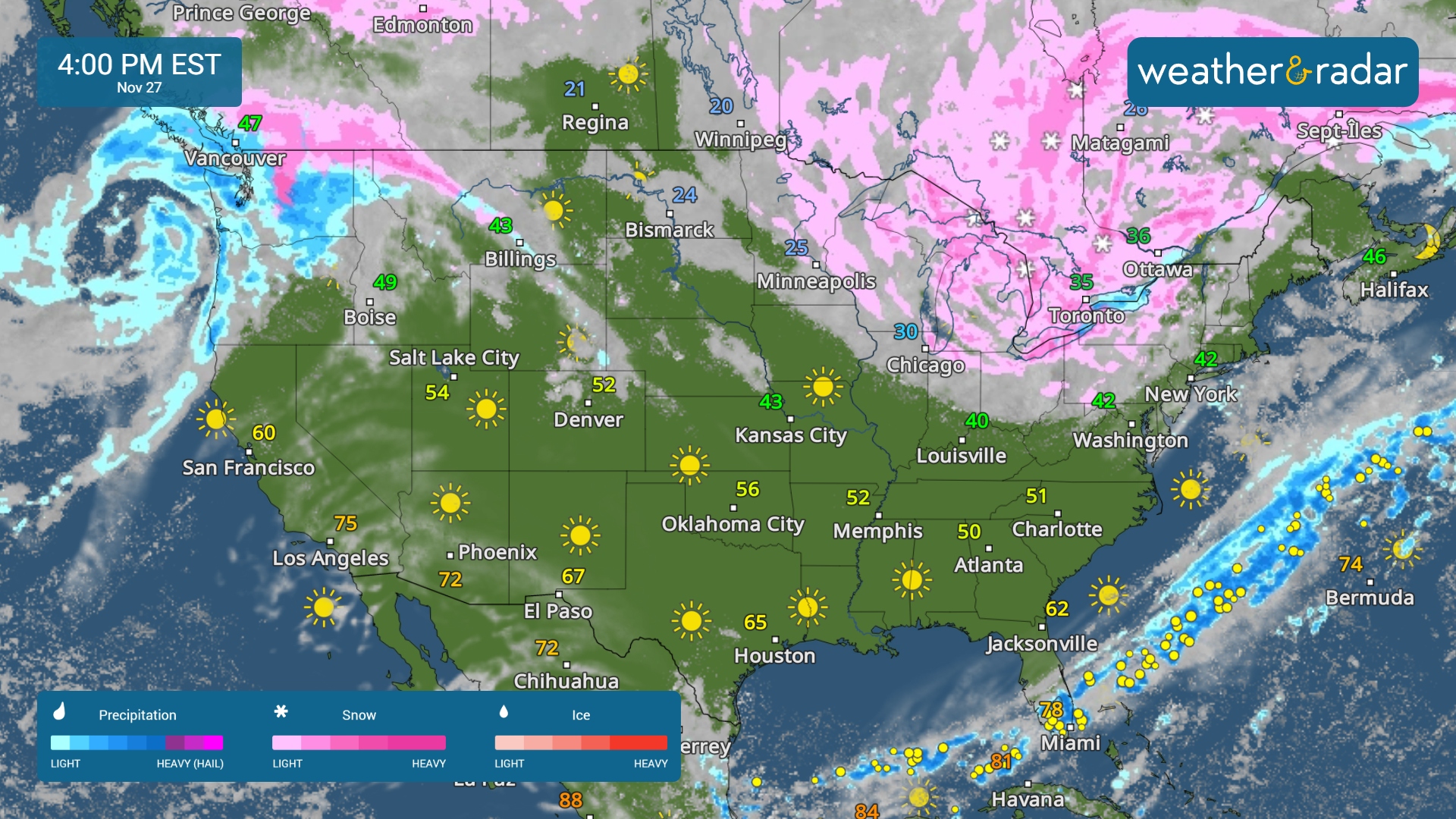 The WeatherRadar shows lake-effect snow for the Great Lakes and another storm moving into the Pacific Northwest.