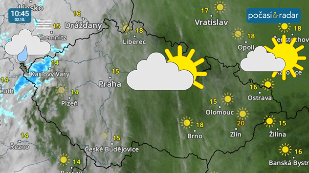 Meteoradar, screenshot, 2. října 10:45: Pátek přináší hlavně na západ území více oblačnosti, na krajním západě a severozápadě se místy vyskytuje i slabý déšť.