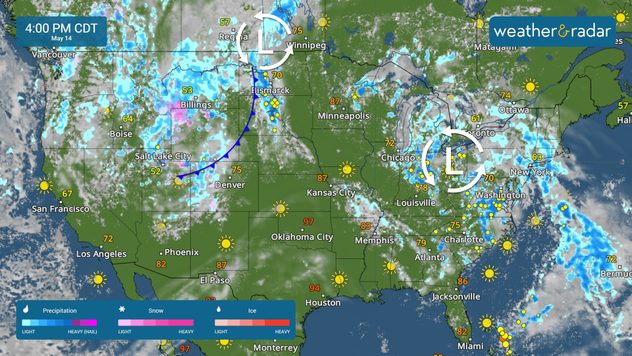 The WeatherRadar shows rain and storms from the Great Lakes to the Mid-Atlantic. Another system will bring storms across the northern Plains, with rain and snow spreading across the northern Rockies.