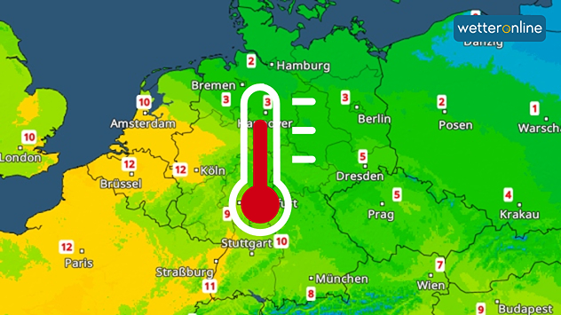 Das TemperaturRadar zeigt in gelben Farben die Vorfrühlingsluft am Rhein.