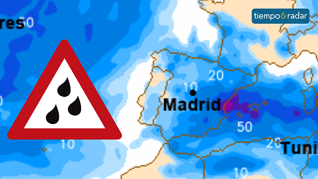 Mapa que muestra los acumulados de precipitación previstos, con máximos destacables en el área del Mediterráneo. 