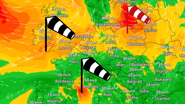 WindRadar für Europa mit Windgeschwindigkeiten bis 65 km/h und Windsäcken über besonders windigen Regionen.