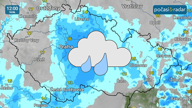 Meteoradar, screenshot, 10. června 12:00: Ve středu bude nad většinou našeho území převládat velká oblačnost s občasným deštěm.