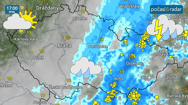 Meteoradar, screenshot, 9. června 17:00: V úterý začne počasí v Česku ovlivňovat zvlněná studená fronta – hlavně ve východní polovině republiky se projeví místy i bouřkami.