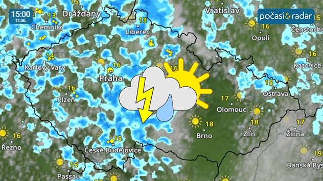 Meteoradar, screenshot, 11. 6. 15:00: Ve čtvrtek během odpoledne čekáme poměrně četné přeháňky, vyskytnou se i bouřky.
