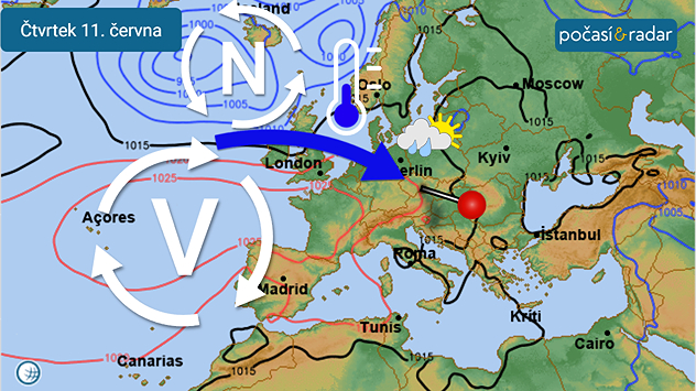 Předpověď synoptické situace nad Evropou na čtvrtek 11. června: Střední Evropa se bude nacházet v chladném a vlhkém severozápadním proudění mezi tlakovou výší nad jihozápadní Evropou a tlakovou níží nad severozápadní Evropou.
