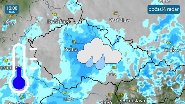 Meteoradar, screenshot, 10. 6. 12:00: Česko vyhlíží chladné a deštivější dny,