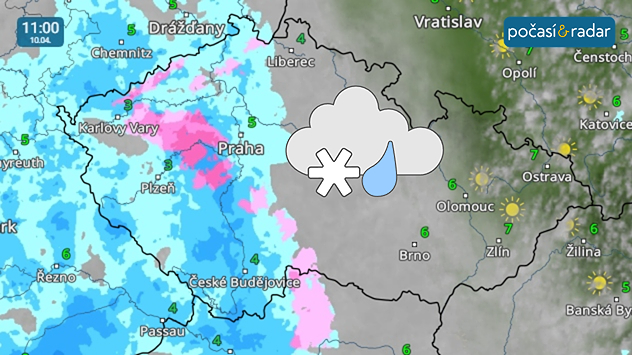 Meteoradar, screenshot, 10. 4. 11:00: V pátek ovlivní počasí v Česku slabá okluzní fronta.