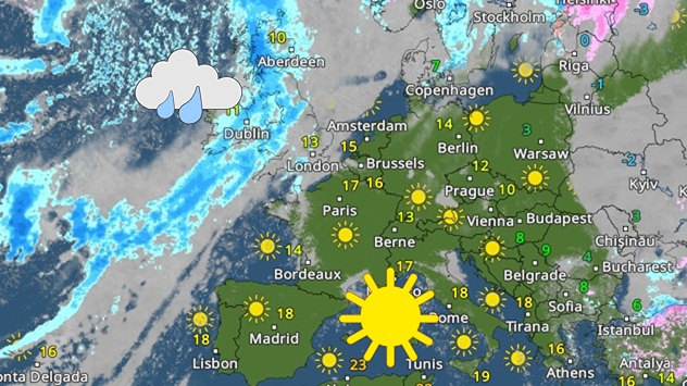 Europe weather map showing widespread sunshine across Spain, France, Italy, and central Europe, with temperatures in the teens and low 20s, and a band of rain over Ireland and the eastern Atlantic moving toward the UK.