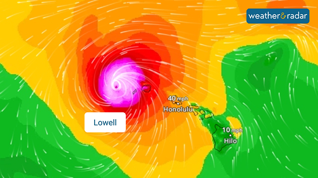 WindRadar showing Hurricane Lowell north-west of Hawaii and its well-defined storm centre.