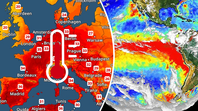 Split image showing a Europe temperature map with widespread red heatwave conditions and temperatures above 30 C on the left, and an El Niño ocean temperature anomaly map of the Pacific Ocean on the right with a broad band of unusually warm water along the equator.