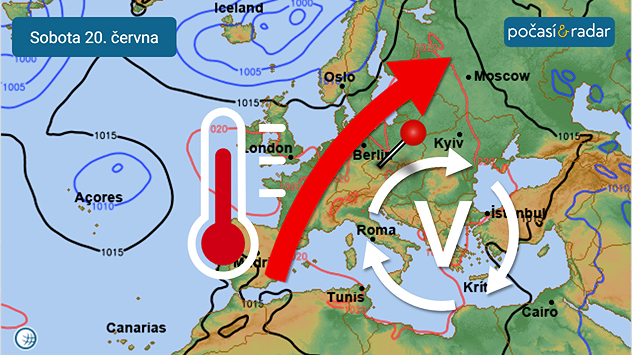 Předpověď synoptické situace v Evropě na sobotu 20. června: Počasí ve střední Evropě ovlivňuje rozsáhlá tlaková výše, po jejíž zadní straně sem proudí velmi teplý vzduch od jihozápadu.