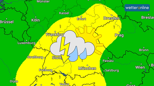 Wetterkarte mit gelb eingefärbter Gewitterzone von Frankfurt bis München und Dresden, grüne Gebiete links und rechts davon, Wettersymbol für Gewitter und Sonne.